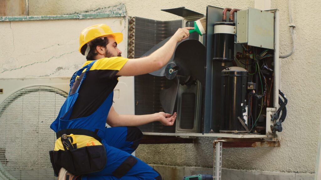 A technician wearing a hard hat and overalls is servicing an outdoor air conditioning unit with its cover open.