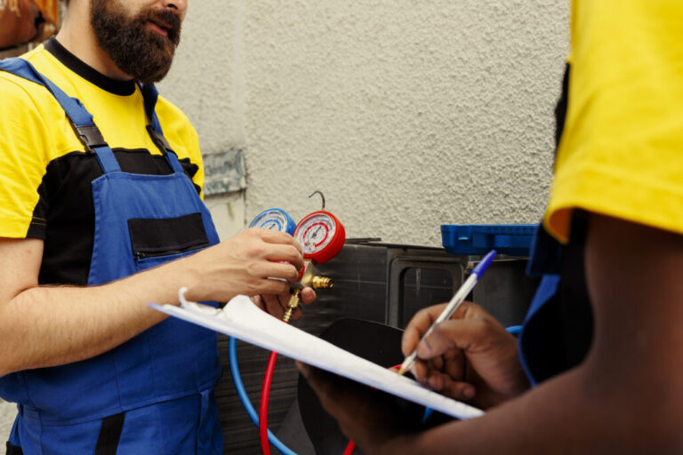 Two technicians in yellow shirts and blue overalls inspect HVAC gauges while one writes on a clipboard outdoors next to a building wall.