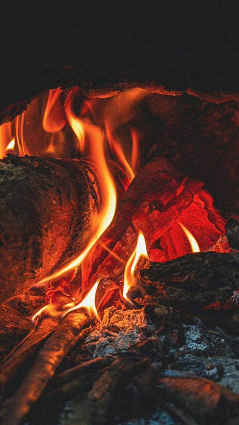 Close-up of burning firewood with bright orange flames and glowing embers, surrounded by ash and charred wood.